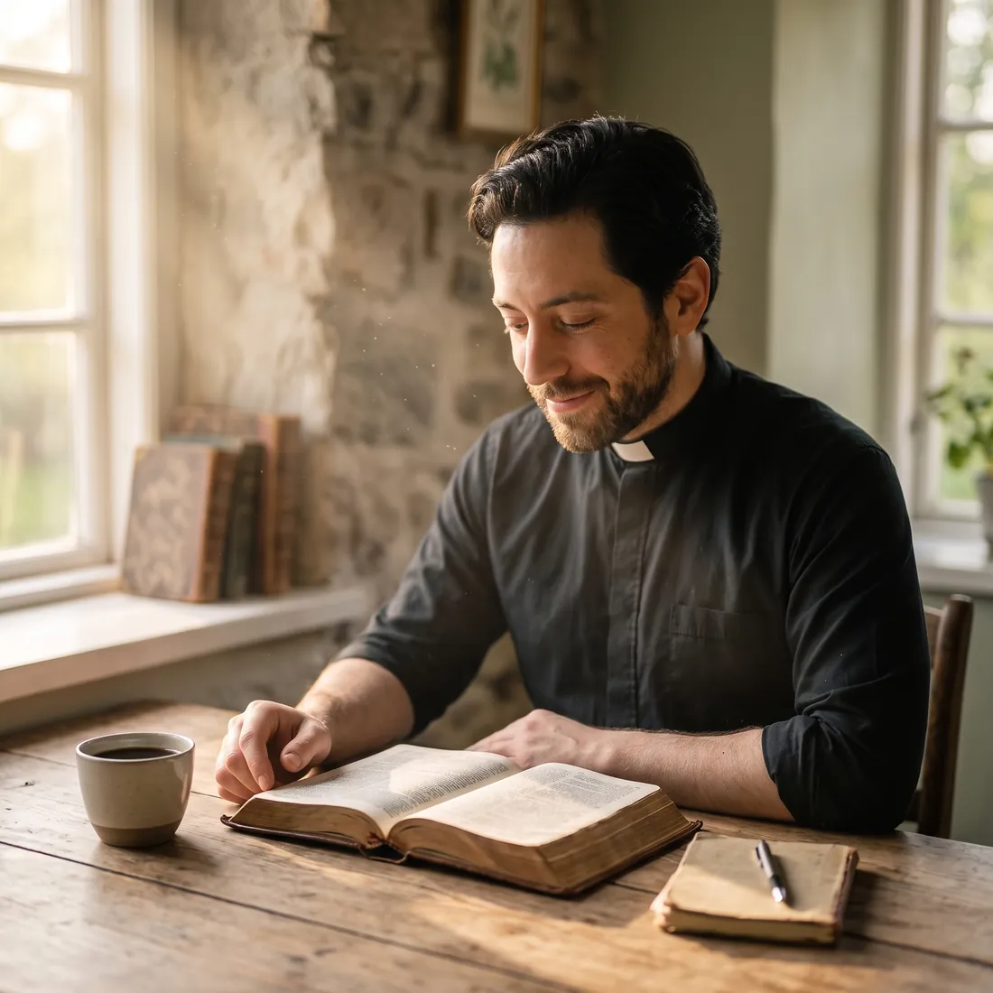 Father John reading by a sunny window