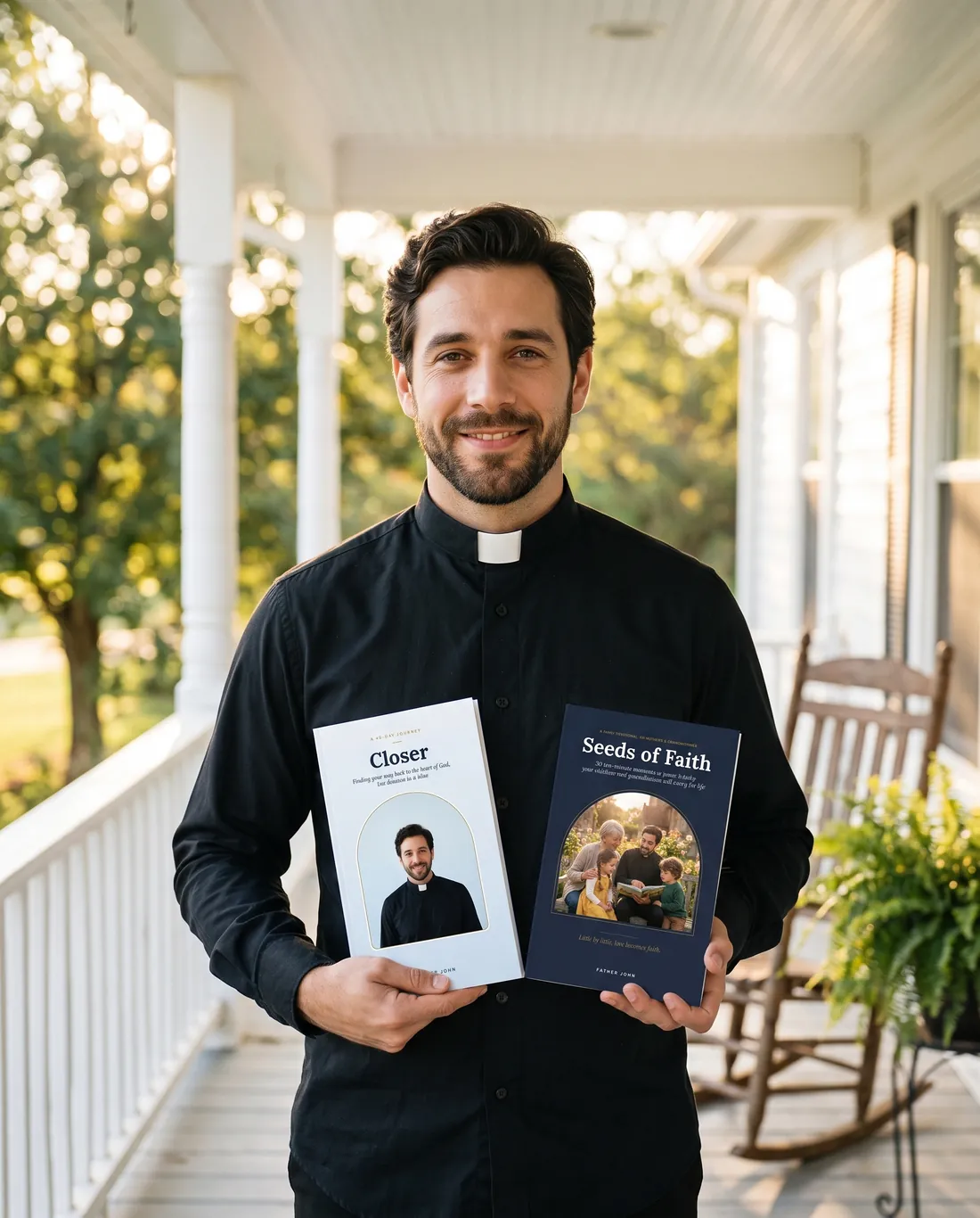 Father John holding both books on a sunny porch