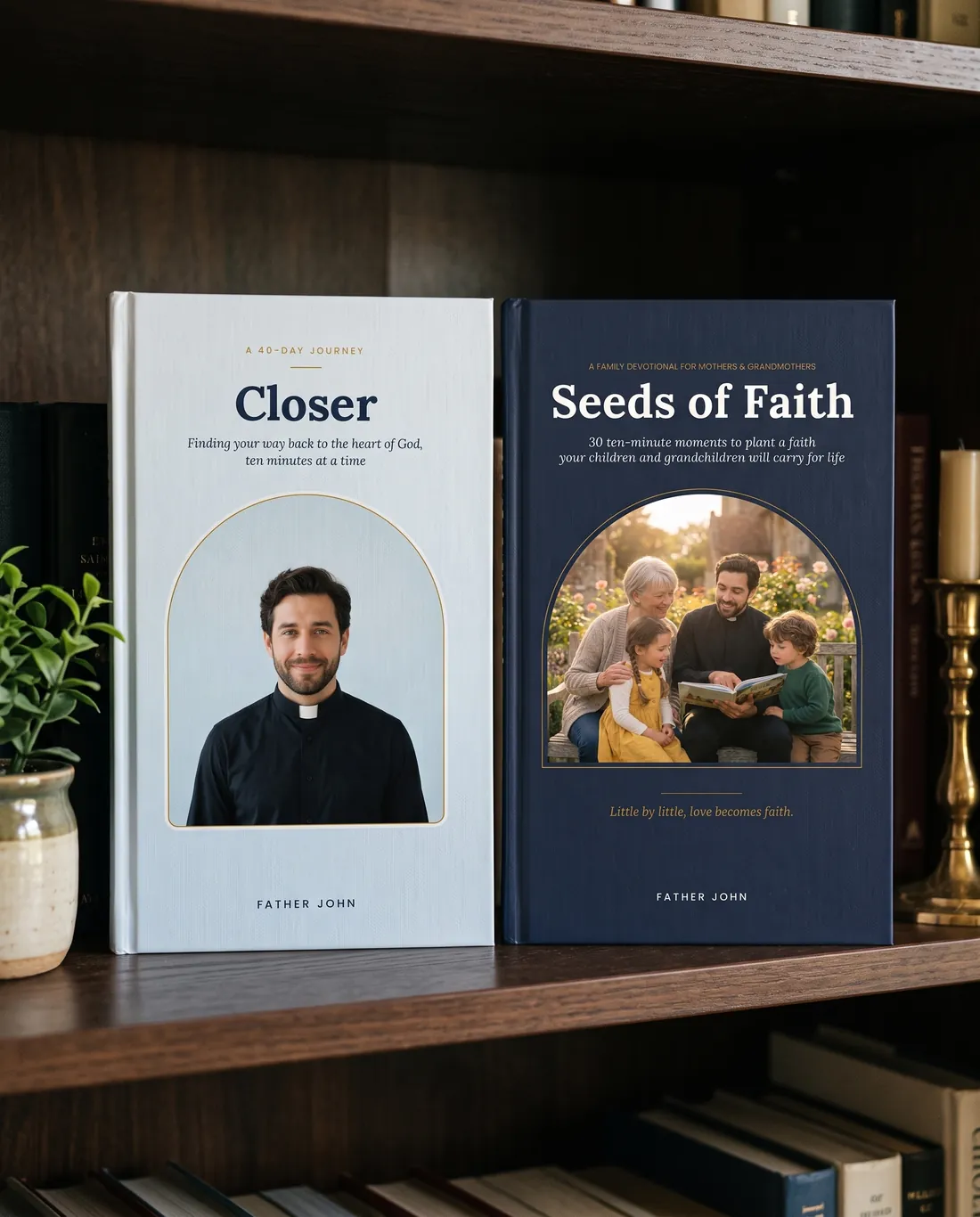 The books Closer and Seeds of Faith side by side on a bookshelf