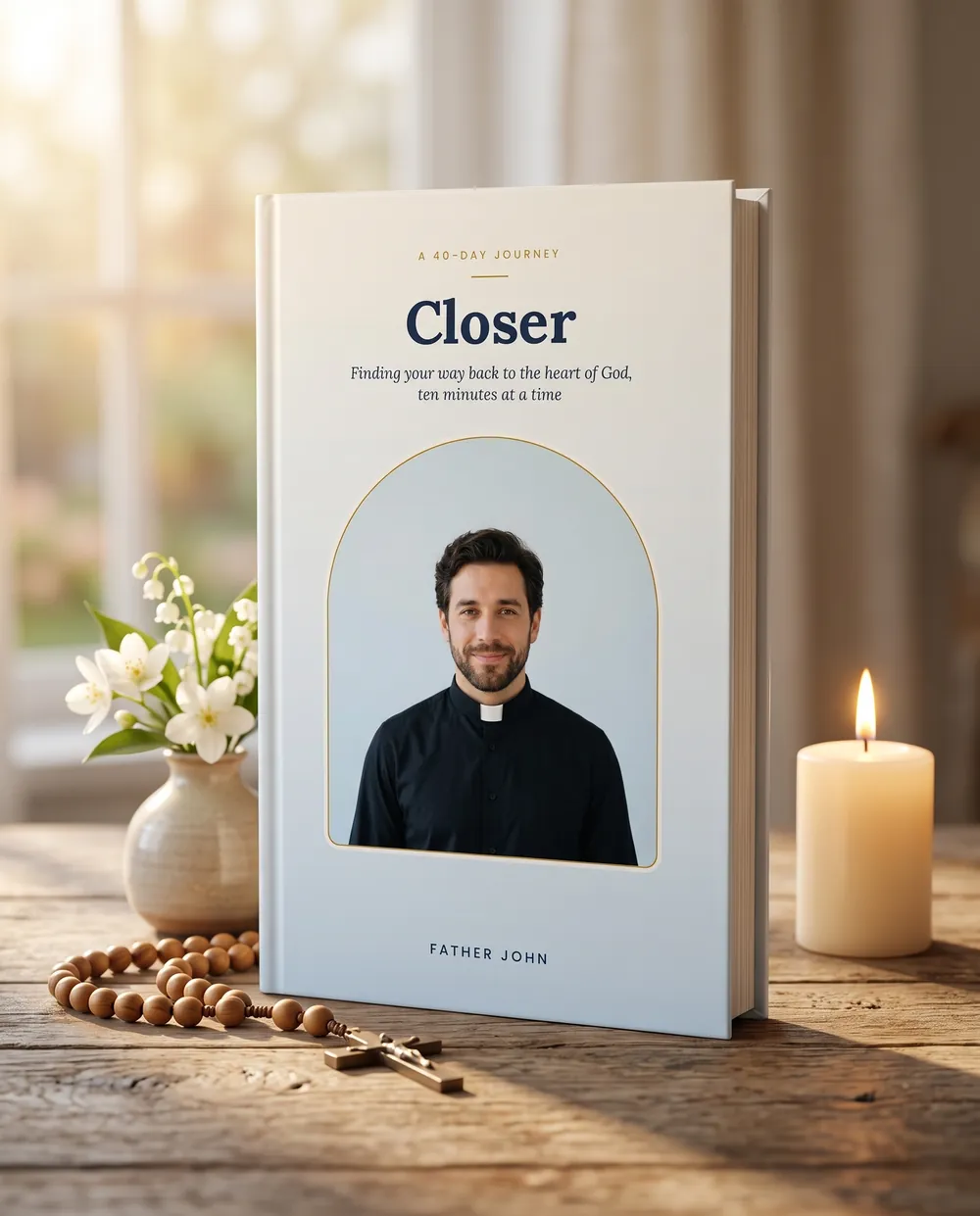 The book Closer on a wooden table with a candle and a rosary