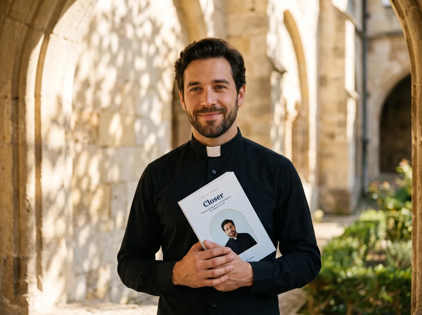 Father John holding the book Closer under a stone arch