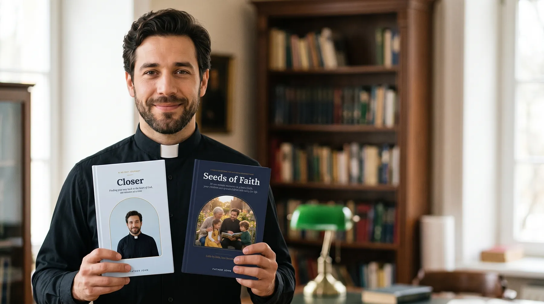 Father John holding the books Closer and Seeds of Faith in a warm study