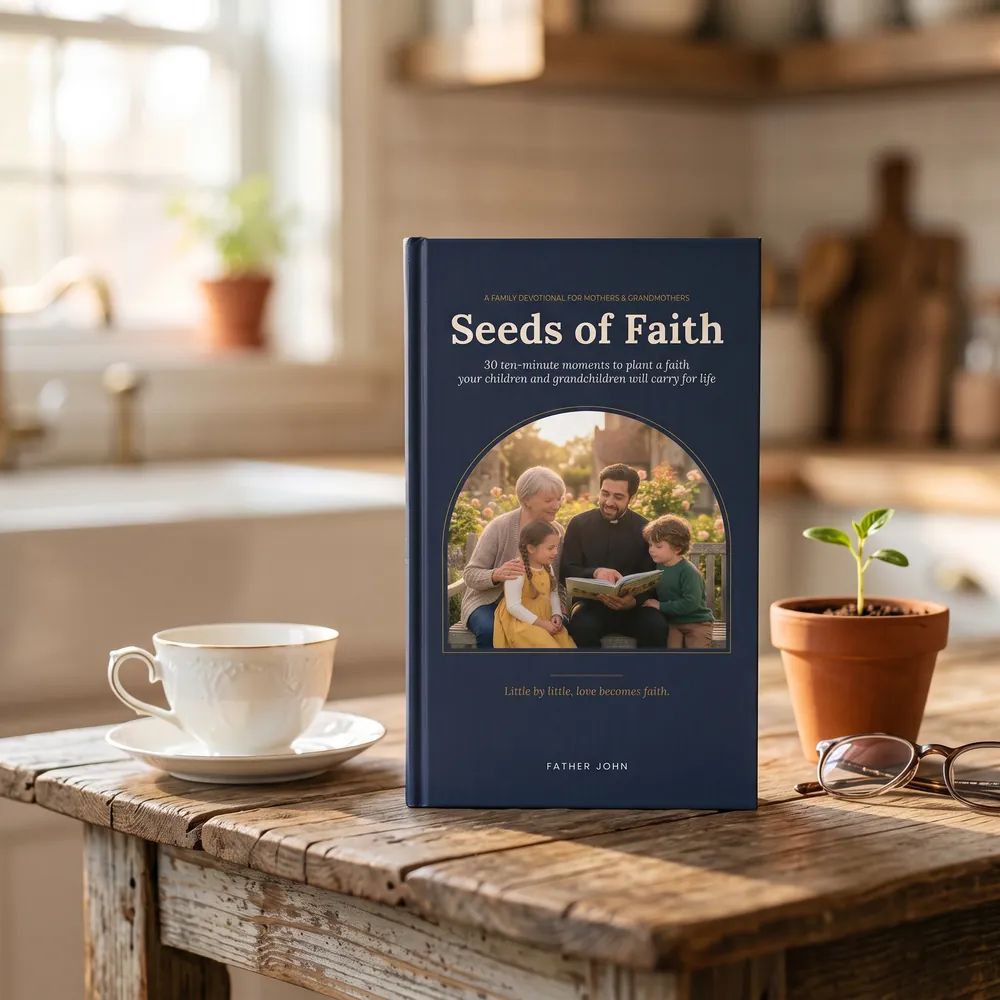 The book Seeds of Faith on a kitchen table with a teacup and a small plant