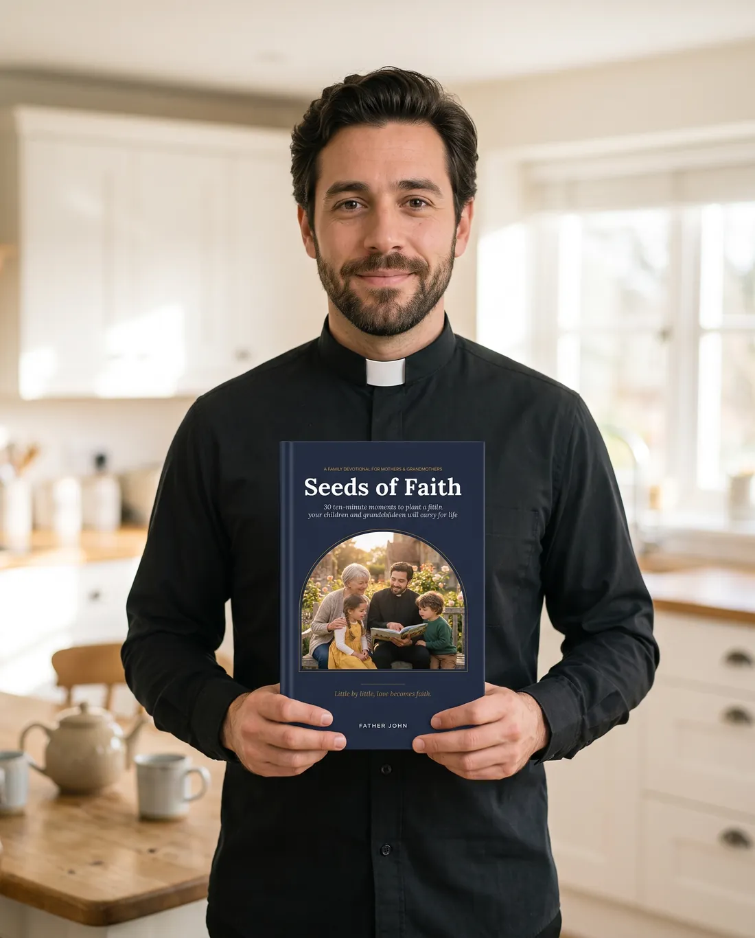 Father John holding Seeds of Faith in a bright kitchen